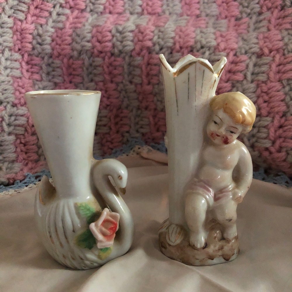 Porcelain Swan Bud Vase & Cherub Figurine - White with Pink Accents